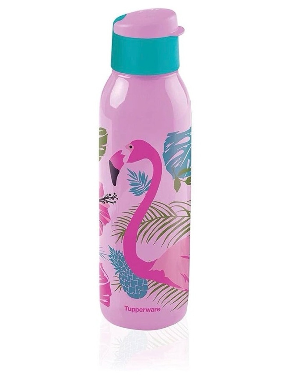 Tupperware Pink Bottle with Teal Cap and Flamingo Print
